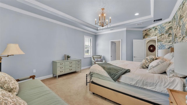 6372 English Creek Dr, Lakeland, FL 33811 - bedroom featuring a raised ceiling, a chandelier, light carpet, and ornamental molding