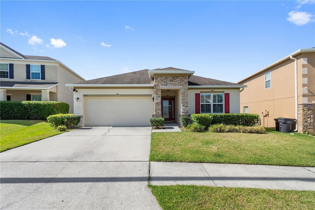 view of front of house with a garage, driveway, stucco siding, and a front lawn