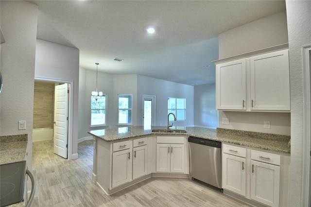 kitchen with white cabinetry, electric range, a sink, dishwasher, and a peninsula