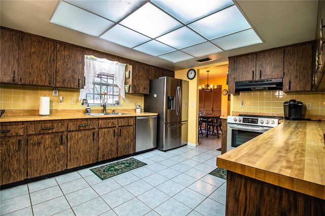 4101 N Forbes Rd, Plant City, FL 33565 - kitchen featuring stainless steel appliances, under cabinet range hood, a sink, dark brown cabinetry, and decorative backsplash