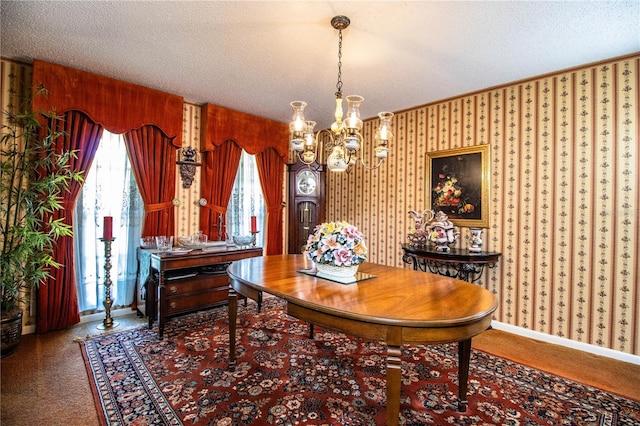 4101 N Forbes Rd, Plant City, FL 33565 - dining area featuring a chandelier, a textured ceiling, and carpet floors