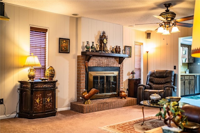 4101 N Forbes Rd, Plant City, FL 33565 - living area with carpet, a ceiling fan, a brick fireplace, and a textured ceiling