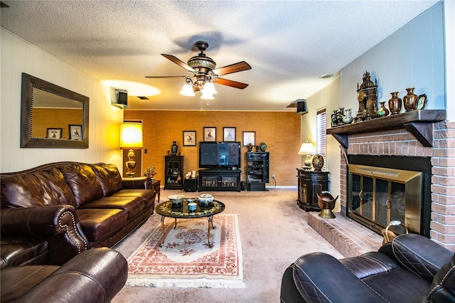 4101 N Forbes Rd, Plant City, FL 33565 - living room with carpet, a fireplace, ceiling fan, and a textured ceiling
