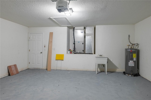 garage with a garage door opener, heating unit, and water heater