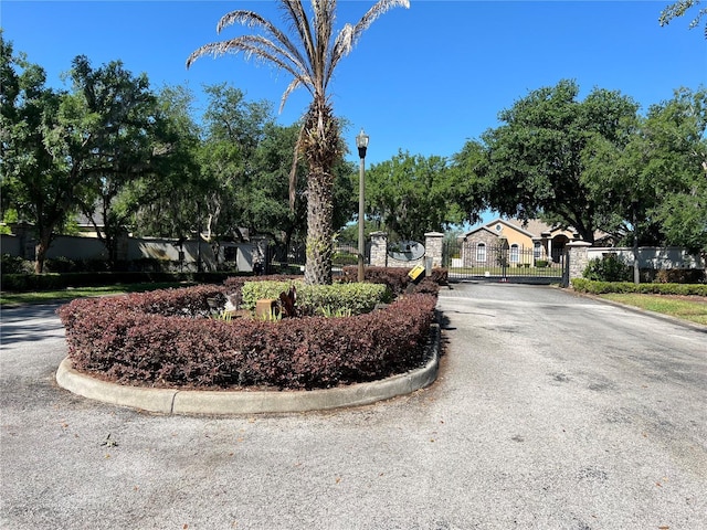view of street featuring street lights, a gated entry, curbs, and a gate