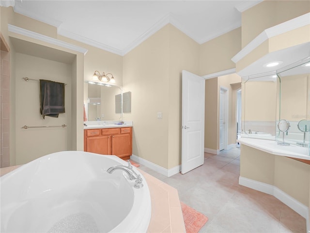 3300 Hawks Ridge Dr, Lakeland, FL 33810 - bathroom with a tub to relax in, crown molding, tile patterned floors, vanity, and baseboards