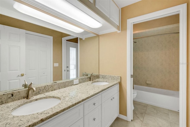 12301 Jim Edwards Rd, Haines City, FL 33844 - full bathroom featuring toilet, double vanity, shower / tub combination, and marble look tiles