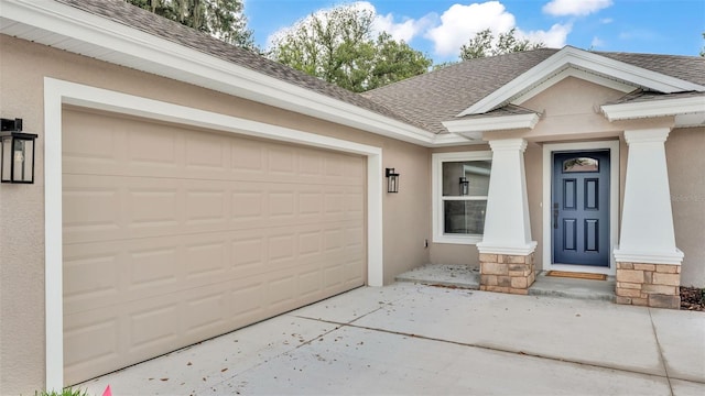 803 Allison Pl, Bartow, FL 33830 - view of front facade with a shingled roof, stucco siding, driveway, stone siding, and a garage