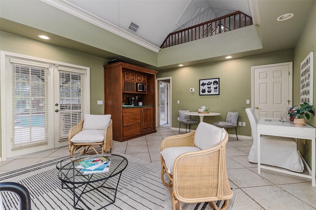 3906 Canyon Lake Pt, Lakeland, FL 33813 - living area with crown molding, light tile patterned floors, visible vents, and french doors