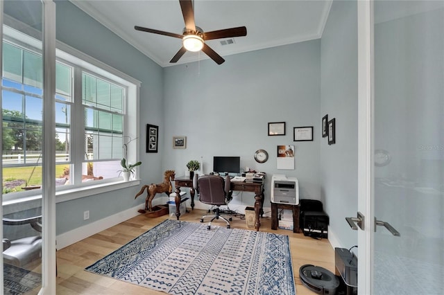 9004 Selph Rd, Lakeland, FL 33810 - office area featuring ornamental molding, visible vents, ceiling fan, and wood finished floors
