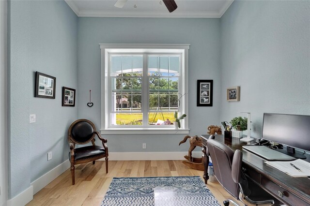 9004 Selph Rd, Lakeland, FL 33810 - office featuring crown molding, baseboards, a ceiling fan, and wood finished floors