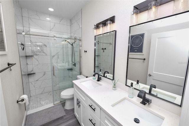 bathroom featuring toilet, a marble finish shower, and a sink