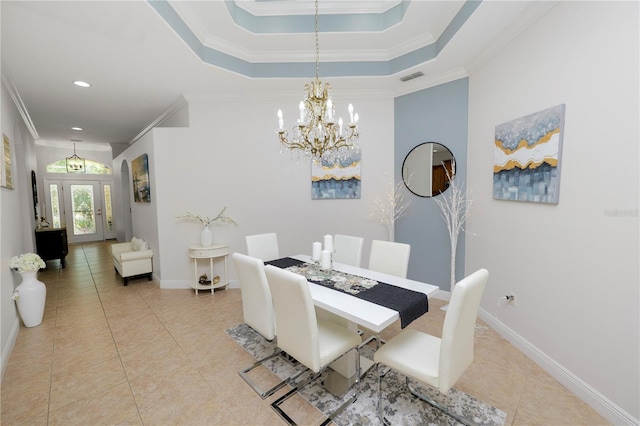 dining room featuring light tile patterned floors, a chandelier, crown molding, baseboards, and recessed lighting