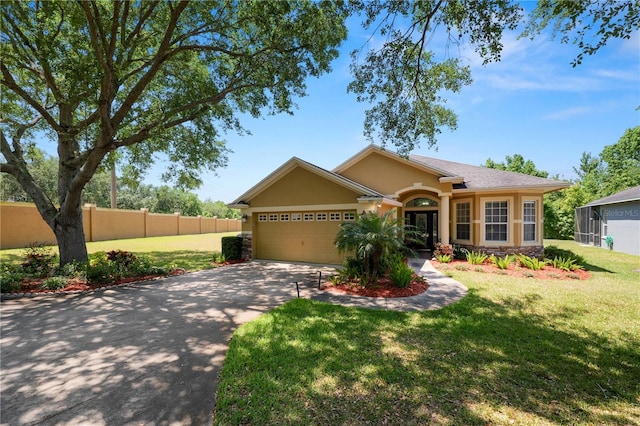 ranch-style house with stucco siding, concrete driveway, a garage, and stone siding