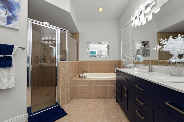 full bath with a garden tub, tile patterned flooring, a stall shower, double vanity, and recessed lighting