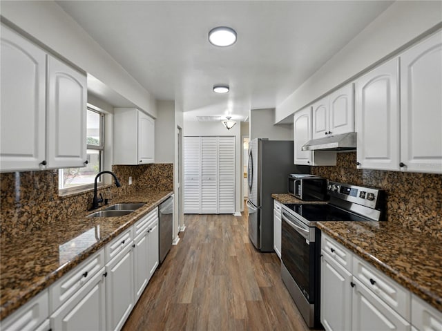 kitchen with under cabinet range hood, appliances with stainless steel finishes, white cabinets, and a sink