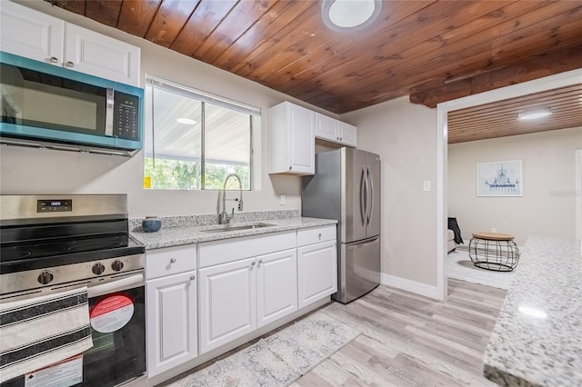 kitchen with a sink, light wood-style flooring, white cabinetry, appliances with stainless steel finishes, and wooden ceiling