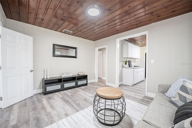 living area with light wood-type flooring, wooden ceiling, baseboards, and visible vents