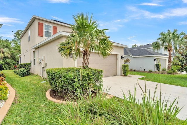 view of home's exterior featuring stucco siding, a garage, concrete driveway, and a lawn