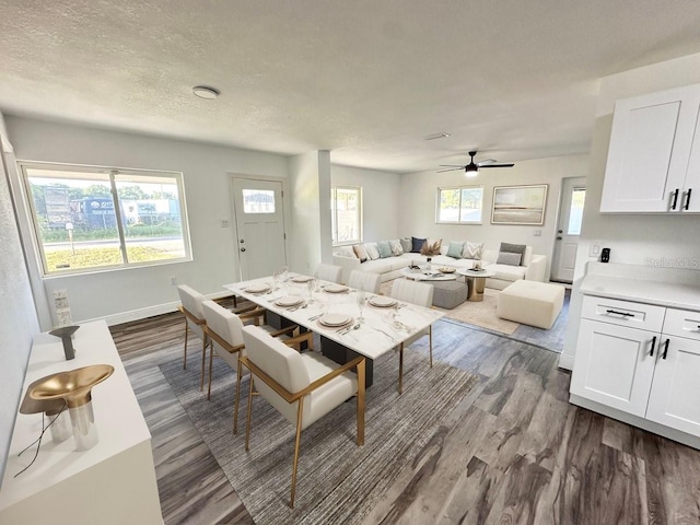2527 Dons Pl, Lakeland, FL 33801 - dining area with dark wood finished floors, ceiling fan, baseboards, and a textured ceiling