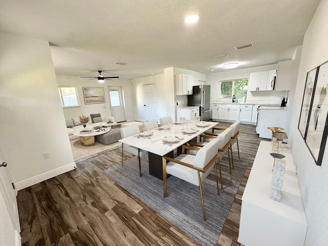 2527 Dons Pl, Lakeland, FL 33801 - dining area featuring dark wood-style floors, a ceiling fan, baseboards, and healthy amount of natural light