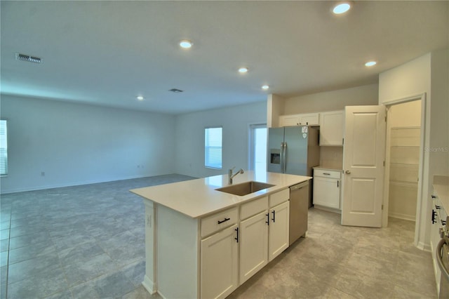 kitchen featuring white cabinets, a sink, visible vents, light countertops, and appliances with stainless steel finishes