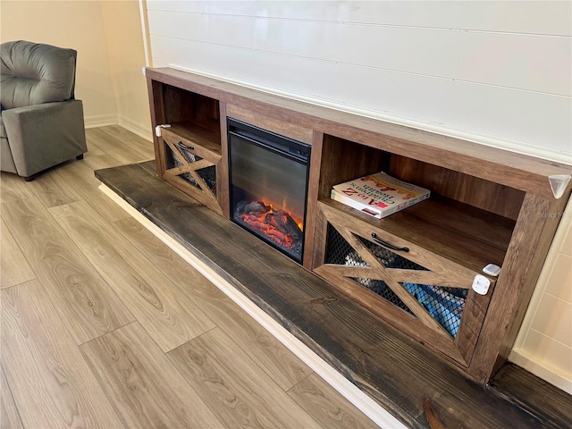 details featuring a glass covered fireplace and wood finished floors