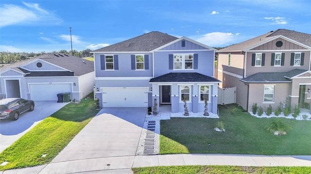 traditional home featuring concrete driveway, a front lawn, roof with shingles, and stucco siding