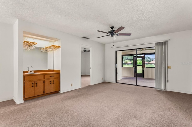 unfurnished bedroom featuring a textured ceiling, light colored carpet, access to outside, and a sink