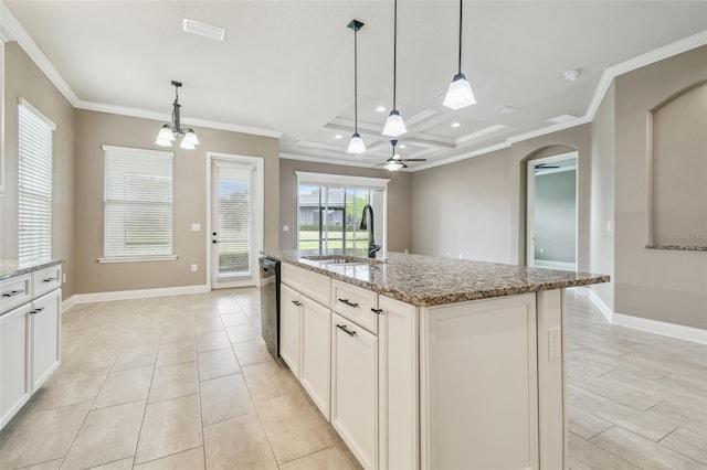 kitchen featuring stainless steel dishwasher, ornamental molding, a sink, arched walkways, and ceiling fan with notable chandelier