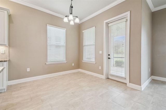 unfurnished dining area with baseboards, ornamental molding, and light tile patterned floors