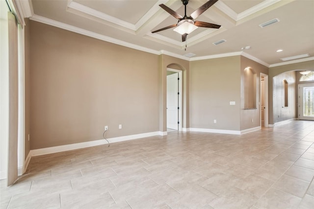 unfurnished room featuring visible vents, arched walkways, and coffered ceiling