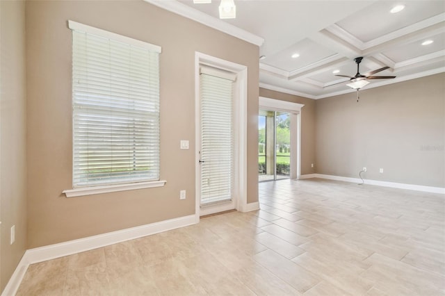 empty room featuring coffered ceiling, beam ceiling, crown molding, baseboards, and ceiling fan