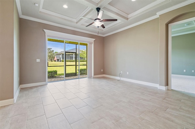 unfurnished room featuring ceiling fan, baseboards, crown molding, and beamed ceiling