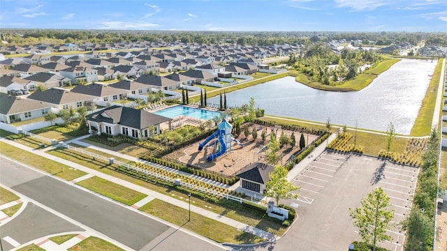 drone / aerial view featuring a water view