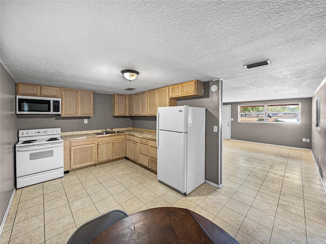 1720 Kendrick Ln, Lakeland, FL 33805 - kitchen with light tile patterned floors, a sink, baseboards, light brown cabinetry, and white appliances
