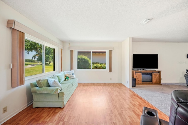 living area with baseboards, wood finished floors, visible vents, and a textured ceiling