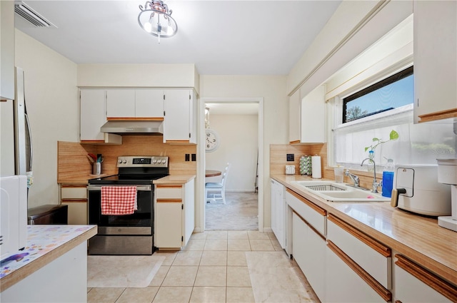 kitchen with a sink, stainless steel electric range, visible vents, light countertops, and under cabinet range hood