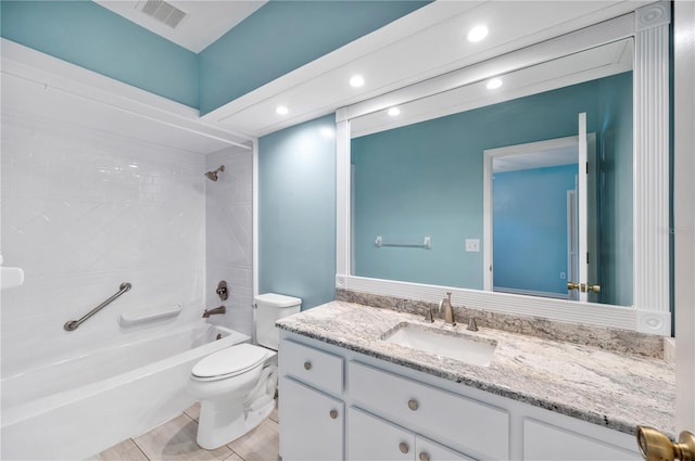 full bathroom featuring toilet, shower / washtub combination, vanity, and recessed lighting