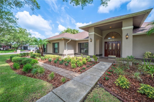 entrance to property with stucco siding and a shingled roof