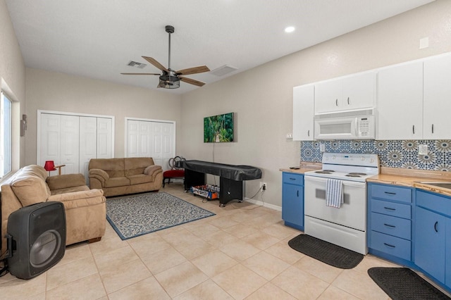 kitchen with blue cabinets, visible vents, backsplash, a ceiling fan, and white appliances