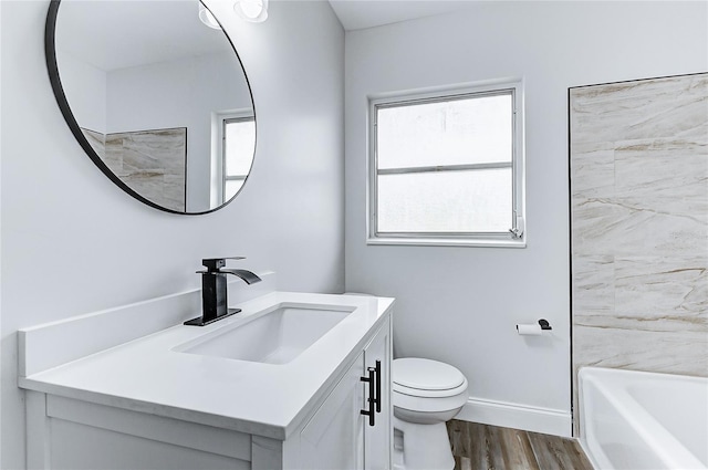 full bath featuring toilet, vanity, and wood finished floors