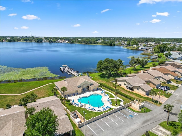 drone / aerial view with a water view