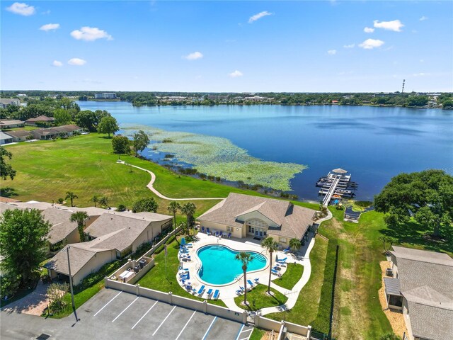 drone / aerial view with a water view