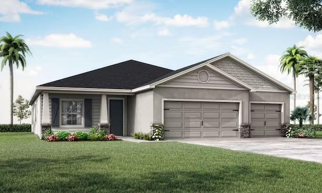 ranch-style home with an attached garage, stucco siding, a front yard, and concrete driveway