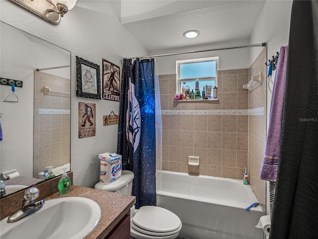 2033 Normandy Heights Dr, Winter Haven, FL 33880 - bathroom with shower / bath combo, toilet, vanity, a textured wall, and a textured ceiling