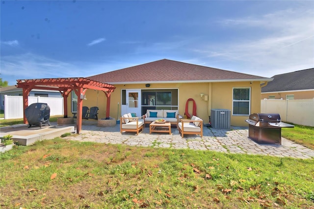 3684 Madbury Cir, Lakeland, FL 33810 - back of house featuring a pergola, an outdoor living space, central air condition unit, fence, and a patio