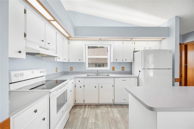 3226 Cherry Hill Cir S, Lakeland, FL 33810 - kitchen featuring lofted ceiling, white appliances, light countertops, under cabinet range hood, and a sink