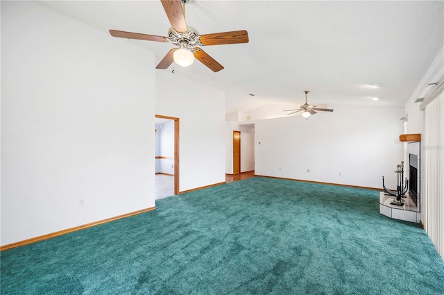 3226 Cherry Hill Cir S, Lakeland, FL 33810 - unfurnished living room with baseboards, carpet, a ceiling fan, and lofted ceiling