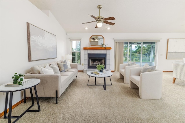 3226 Cherry Hill Cir S, Lakeland, FL 33810 - living area with lofted ceiling, a ceiling fan, carpet, a fireplace, and recessed lighting